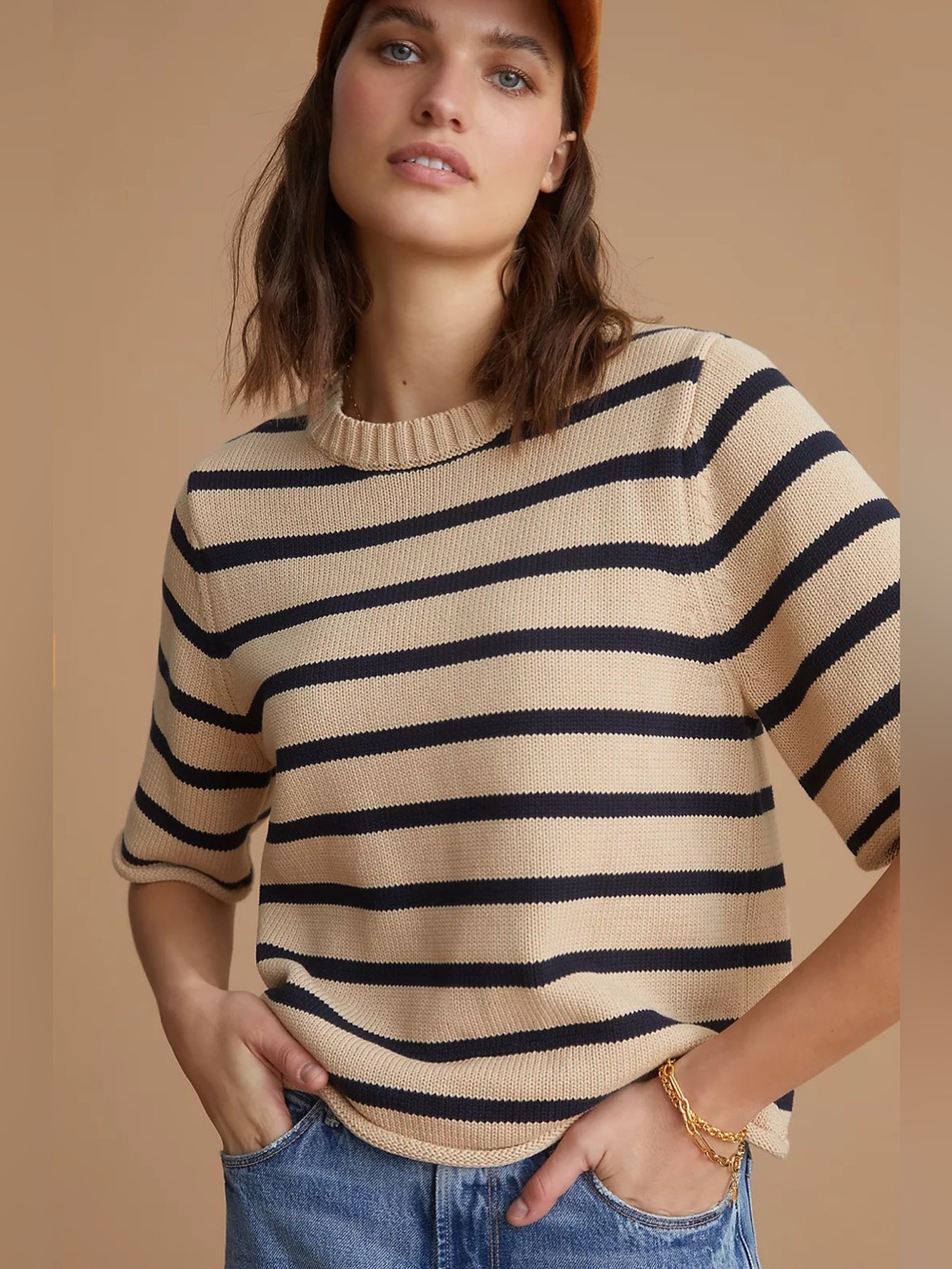 Anthropologie DEMYLEE Ezra Cotton NavyTan Striped Short Sleeve Sweater Sz L